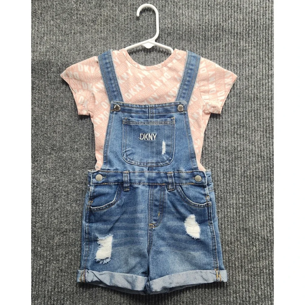 DKNY Overall Denim Jean Shorts with Pink "DKNY" logo top Girls Size 4 - Picture 2 of 15